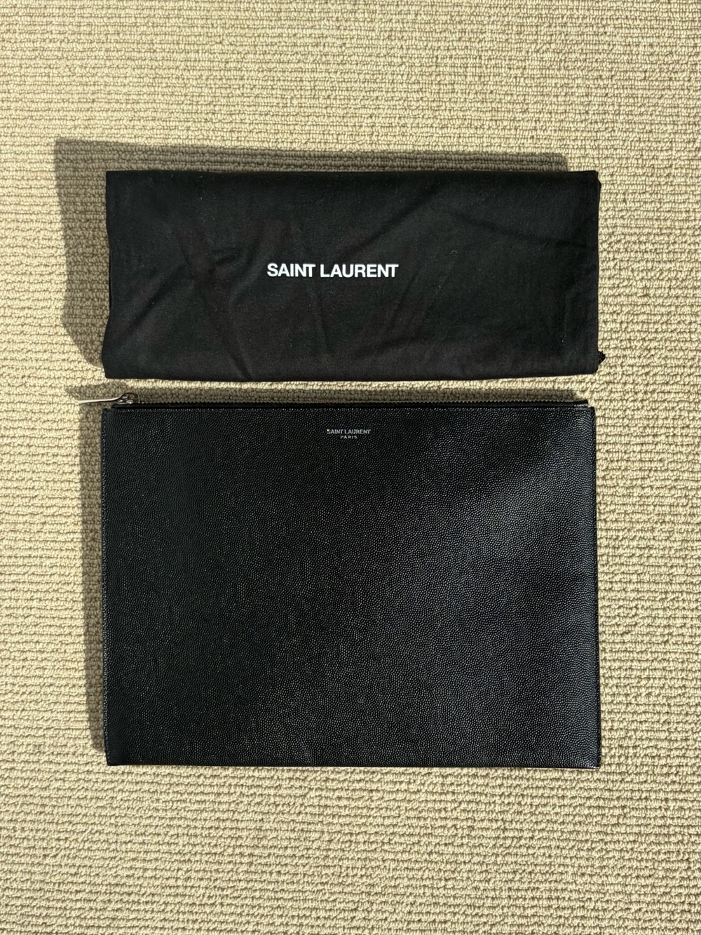 Saint Laurent Black Textured Leather Zip Pouch with Silver Logo